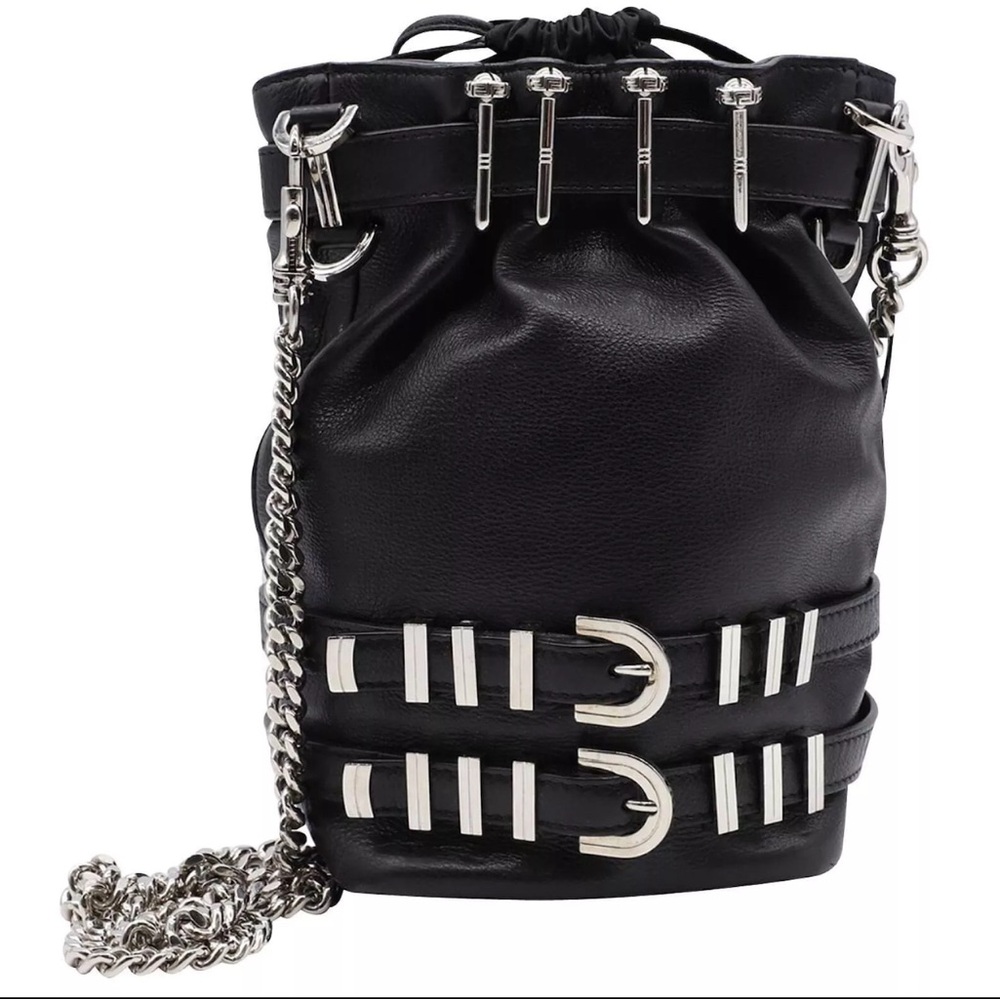 Versace Belted Bucket Bag in Black Leather